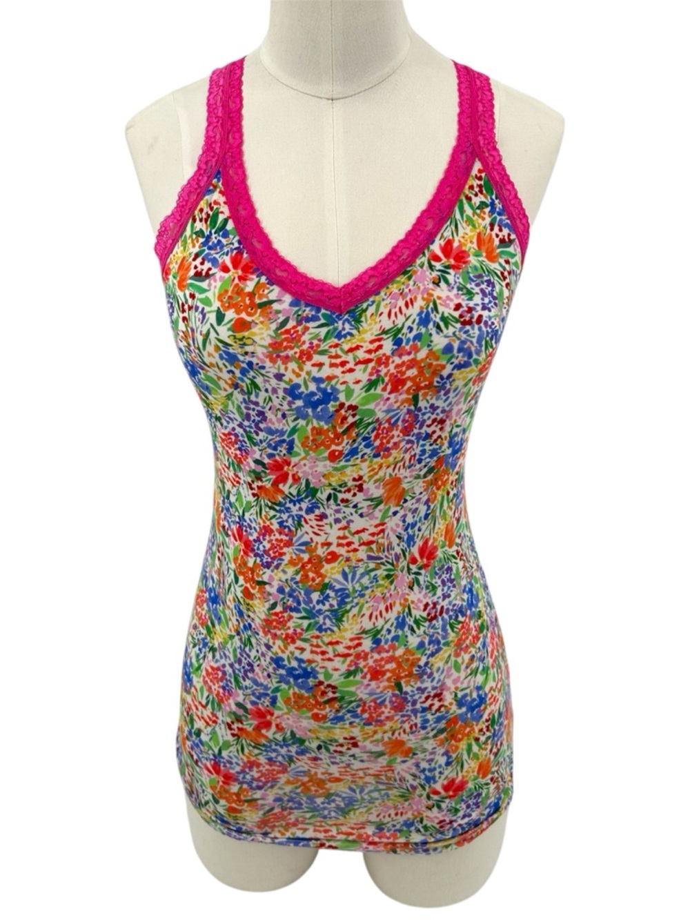 Stripe & Stare Floral All Over Print Pink Lace Trim Sleep Tank Top Size Small